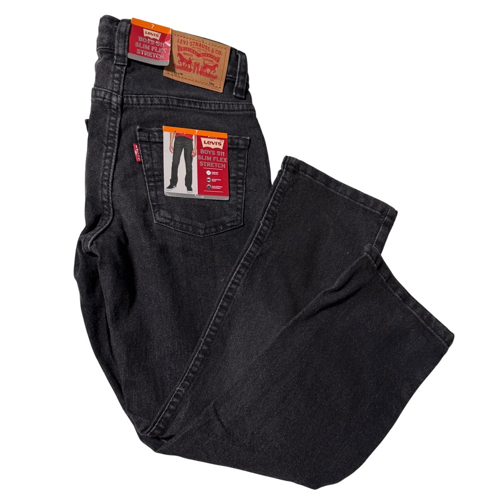 New Levi Black Wash Denim Boys Jenas Pants straight leg size 7 adjustable waist